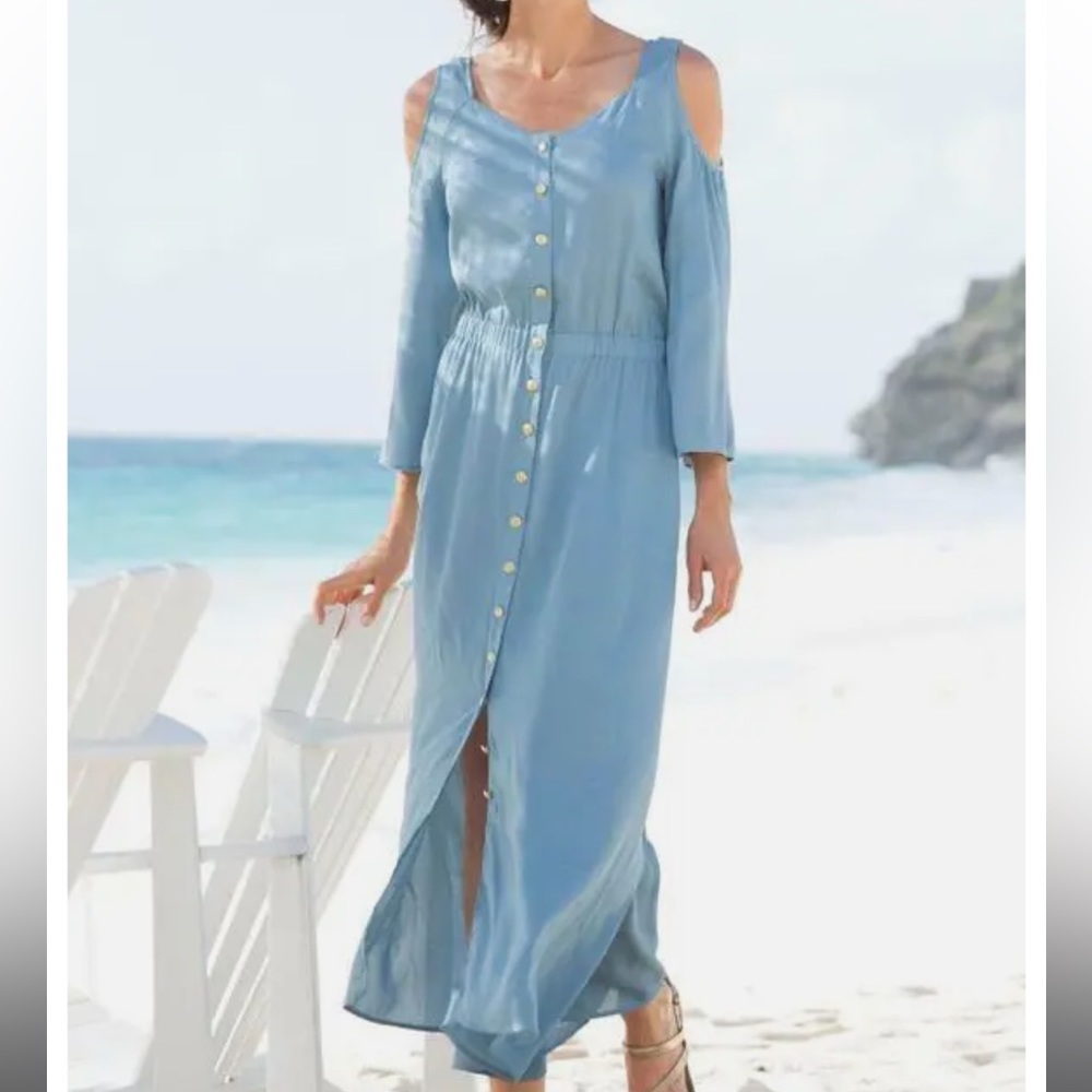 NWT Soft Surroundings Light Blue Bridgette Cold Shoulder Tencel dress